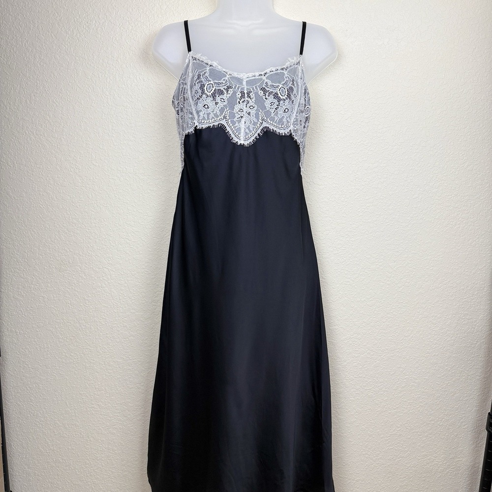 Women's Black Satin Lace Detail Midi Slip Dress Whimsygoth Date Night LBD Sz S